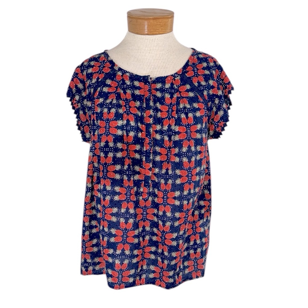 Vineyard Vines Med  Pineapple Swiss Dot Blue Short Sleeve Cotton Top